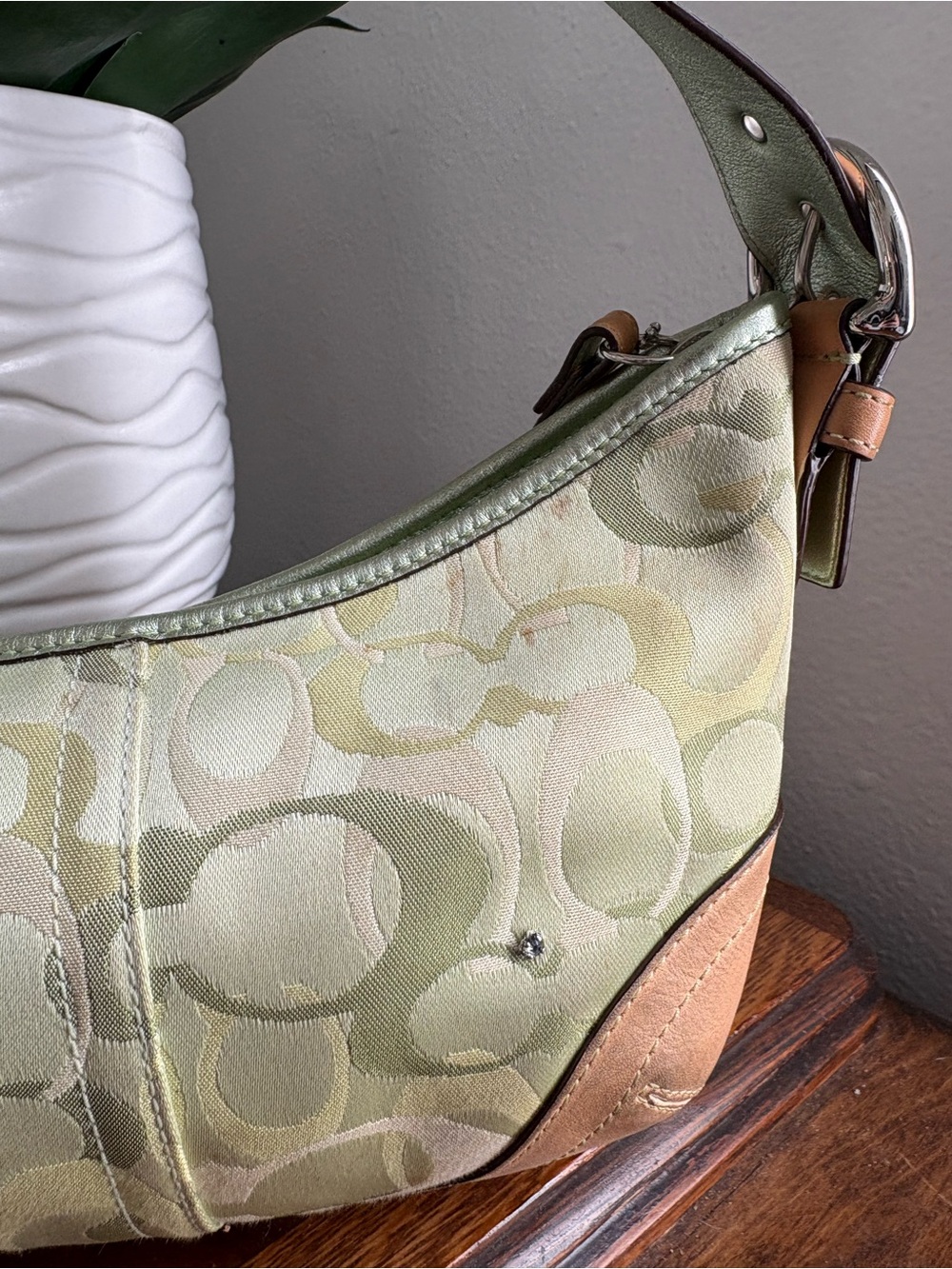COACH Ladybug Shoulder Bag Green Canvas Leather Hobo Bag Signature 6723 - Picture 13 of 17